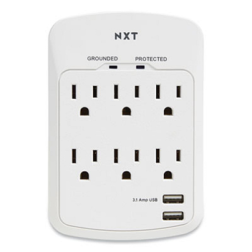 NXT Technologies Wall-Mount Surge Protector, 6 AC Outlets, 2 USB Ports, 1200 J, White (24324334)
