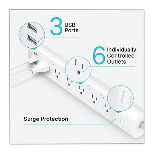 TP-Link KASA SMART WI-FI POWER STRIP, 6 AC OUTLETS, 3 USB PORTS, 6 FT CORD, 540 JOULES, WHITE (24360014)