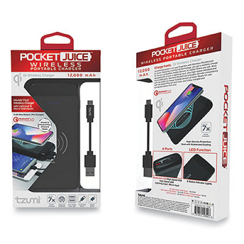Tzumi POCKETJUICE WIRELESS PORTABLE CHARGER, 12,000 MAH, QI WIRELESS CHARGING, BLACK (2846527)