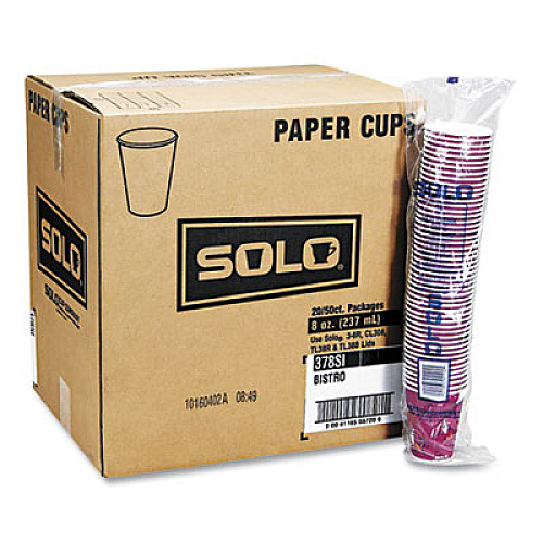 SOLO Paper Hot Drink Cups in Bistro Design, 3.35" Diameter x 3.82" h, 10 oz, Maroon, 1,000/Carton (370SI)