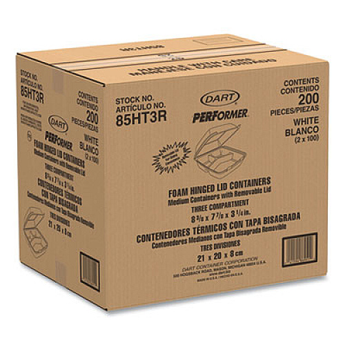 Dart Foam Hinged Lid Containers, 3 Compartments, 8.38 x 7.78 x 3.25, 200/Carton (85HT3R)