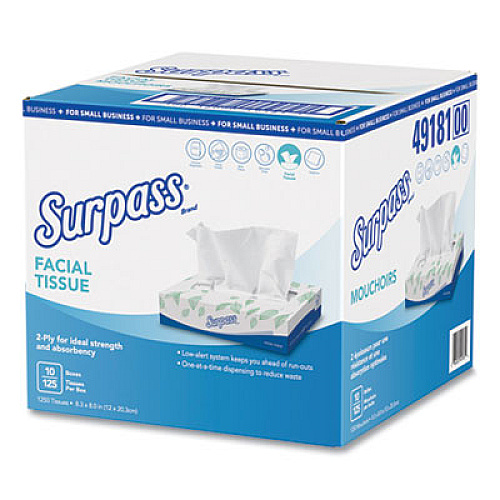 Surpass Facial Tissue, 2-Ply, White, Flat Box, 125/Box, 10 Boxes/Carton (49181)