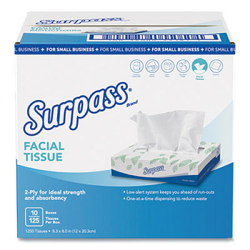 Surpass Facial Tissue, 2-Ply, White, Flat Box, 125/Box, 10 Boxes/Carton (49181)