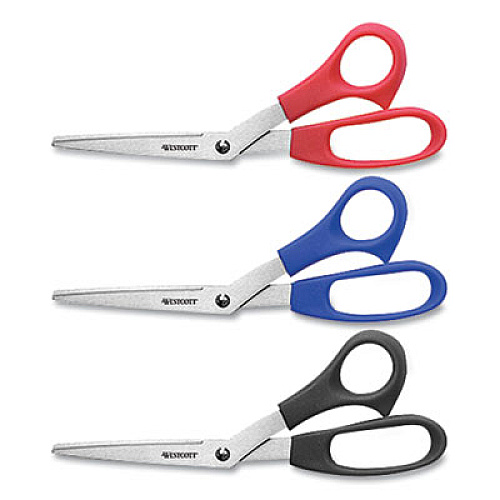 Westcott ALL PURPOSE VALUE STAINLESS STEEL SCISSORS THREE PACK, 8" LONG, 3" CUT LENGTH, ASSORTED COLOR OFFSET HANDLES, 3/PACK (229690)