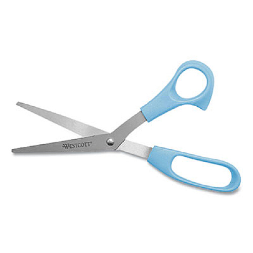 Westcott ALL PURPOSE VALUE STAINLESS STEEL SCISSORS THREE PACK, 8" LONG, 3" CUT LENGTH, ASSORTED COLOR OFFSET HANDLES, 3/PACK (229690)