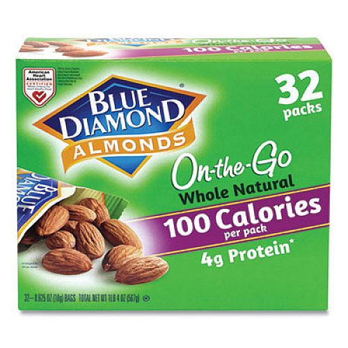 Blue Diamond Whole Natural Almonds On-the-Go, 0.63 oz Pouch, 32 Pouches/Carton (22000512)