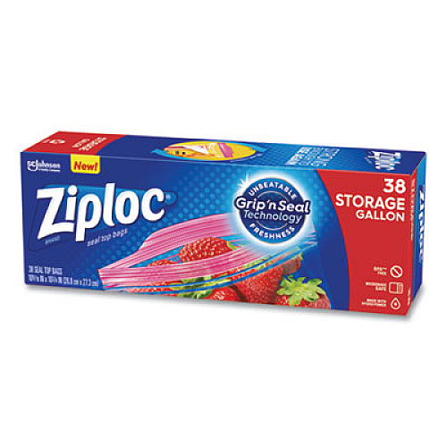 Ziploc Double Zipper Storage Bags, Triple System Seal, Gallon, 10.56" x 10.75", Clear, 38 Bags/Box, 9 Boxes/Carton (383233)