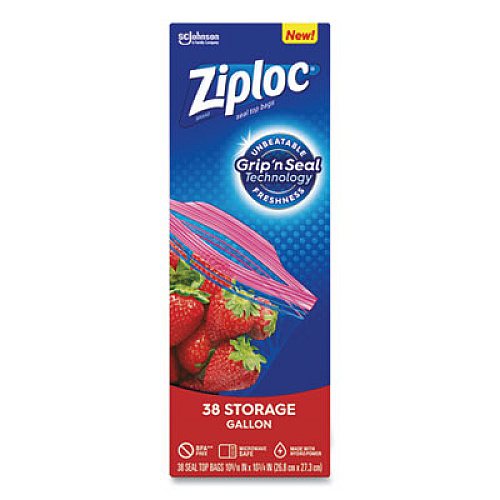 Ziploc Double Zipper Storage Bags, 1 gal, 1.75 mil, 10.56" x 10.75", Clear, 38/Box (314470BX)