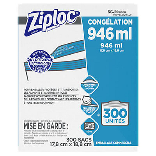Ziploc Double Zipper Freezer Bags, 1 qt, 2.7 mil, 7" x 7.75", Clear, 300/Carton (696187)