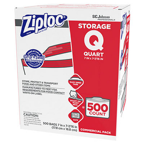 Ziploc Double Zipper Storage Bags, 1 qt, 1.75 mil, 7" x 7.75", Clear, 500/Box (682256)