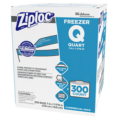Ziploc Double Zipper Freezer Bags, 1 qt, 2.7 mil, 7" x 7.75", Clear, 300/Carton (696187)