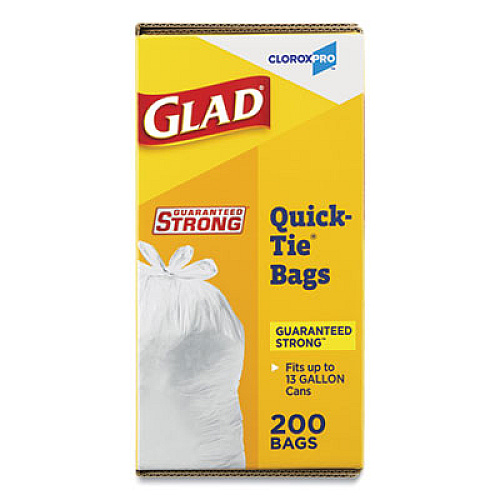 Glad Tall Kitchen Quick-Tie Bags, Tie-Flap, 13 gal, 23.75" x 28", White, 200/Box (15931)