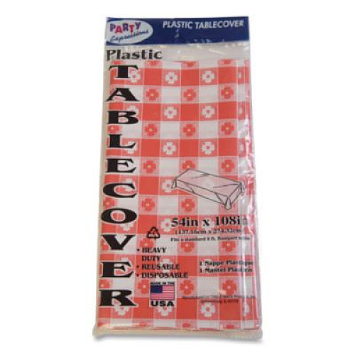 Tablemate Table Set Rectangular Table Covers, Heavyweight Plastic, 54" x 108", Plaid Red/White, 6/Pack (549RDG)
