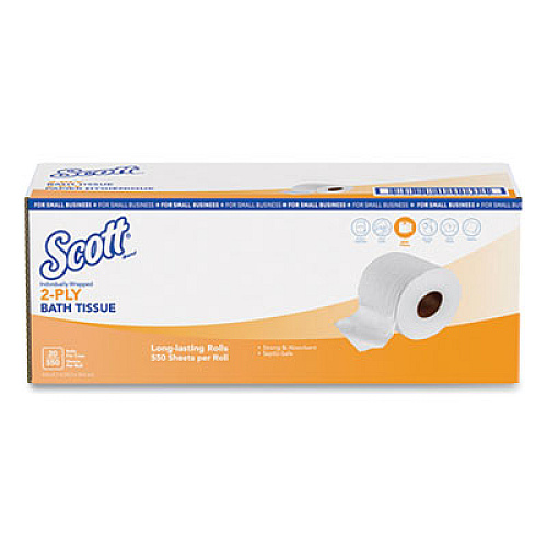 Scott Essential Standard Roll Bathroom Tissue, Small Business, Septic Safe, 2-Ply, White, 550 Sheets/Roll, 20 Rolls/Carton (49182)