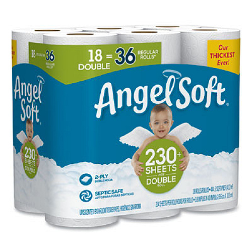 Angel Soft DOUBLE-ROLL BATHROOM TISSUE, SEPTIC SAFE, 2-PLY, WHITE, 3.8 X 4.41, 230 SHEETS/ROLL, 18 ROLLS/CARTON (79172)