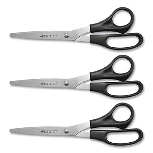 Westcott All Purpose Stainless Steel Scissors, 8" Long, 3.5" Cut Length, Black Straight Handle (16907)