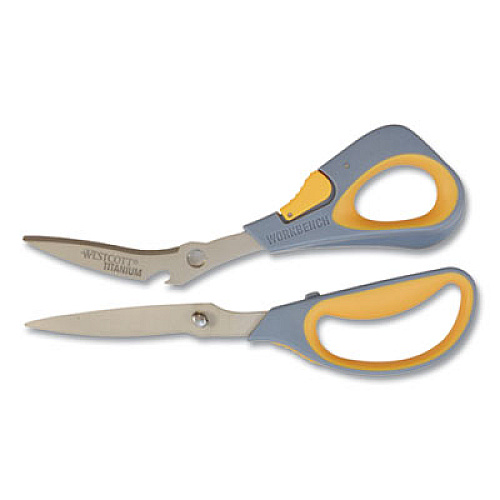 Westcott Titanium Bonded Workbench Shears, 8" Long, 3" Cut Length, Gray/Yellow Offset Handle (16512)