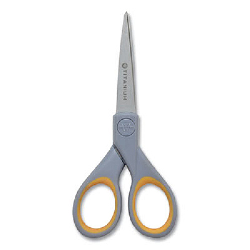 Westcott Titanium Bonded Scissors, 5" and 7" Long, 2.25" and 3.5" Cut Lengths, Gray/Yellow Straight Handles, 2/Pack (13824)