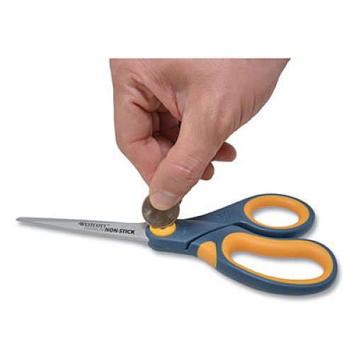 Westcott Non-Stick Titanium Bonded Scissors, 8" Long, 3.25" Cut Length, Gray/Yellow Straight Handle (14849)