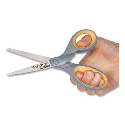 Westcott Titanium Bonded Scissors, 8" Long, 3.5" Cut Length, Gray/Yellow Straight Handles, 2/Pack (13901)