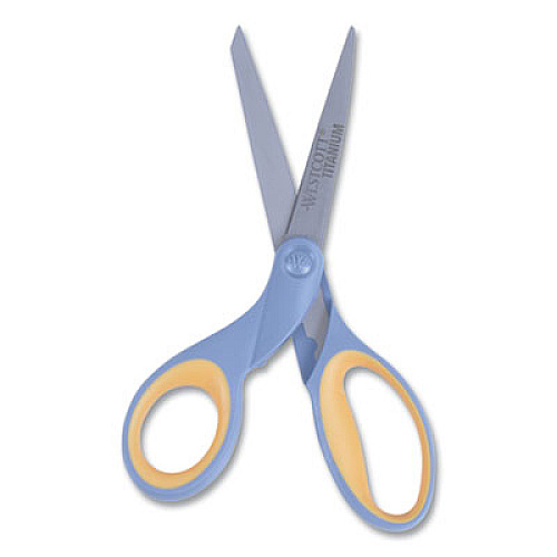 Westcott Titanium Bonded Scissors, 8" Long, 3.5" Cut Length, Gray/Yellow Straight Handle (15917)
