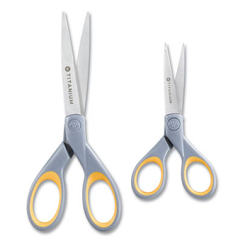 Westcott Titanium Bonded Scissors, 5" and 7" Long, 2.25" and 3.5" Cut Lengths, Gray/Yellow Straight Handles, 2/Pack (13824)