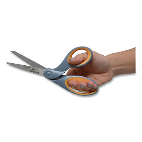 Westcott Titanium Bonded Scissors, 8" Long, 3.5" Cut Length, Gray/Yellow Offset Handle (13731)