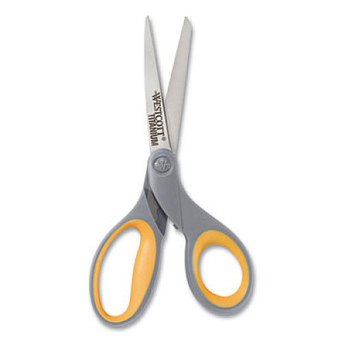 Westcott Titanium Bonded Scissors, 8" Long, 3.5" Cut Length, Gray/Yellow Straight Handle (13529)