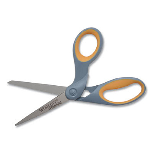 Westcott Titanium Bonded Scissors, 8" Long, 3.5" Cut Length, Gray/Yellow Offset Handle (13731)