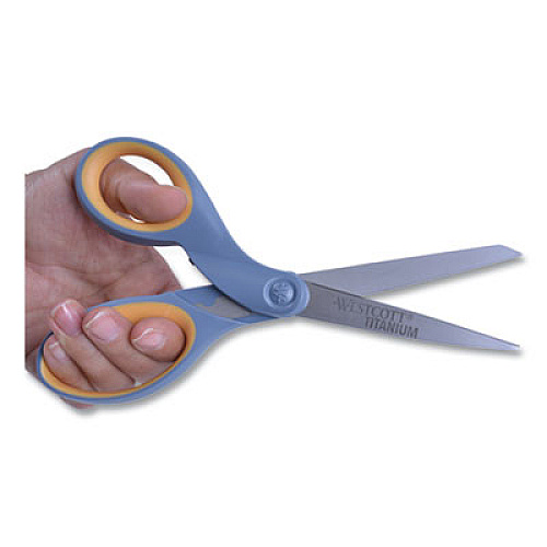 Westcott Titanium Bonded Scissors, 8" Long, 3.5" Cut Length, Gray/Yellow Straight Handle (15917)