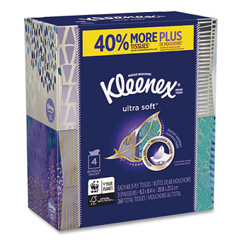 Kleenex Ultra Soft Facial Tissue, 3-Ply, White, 8.75 x 4.5, 65 Sheets/Box, 4 Boxes/Pack, 12 Packs/Carton (50173CT)