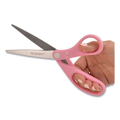 Westcott All Purpose Pink Ribbon Scissors, 8" Long, 3.5" Cut Length, Pink Straight Handle (15387)