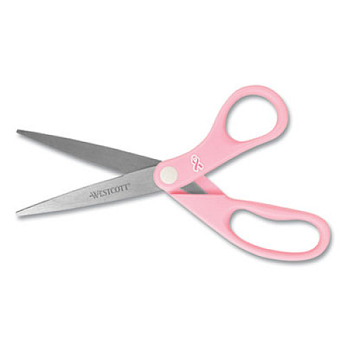 Westcott All Purpose Pink Ribbon Scissors, 8" Long, 3.5" Cut Length, Pink Straight Handle (15387)