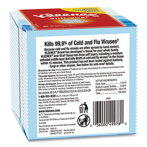 Kleenex Anti-Viral Facial Tissue, 3-Ply, White, 60 Sheets/Box (49978BX)