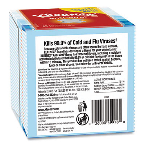 Kleenex Anti-Viral Facial Tissue, 3-Ply, White, 60 Sheets/Box, 27 Boxes/Carton (49978CT)