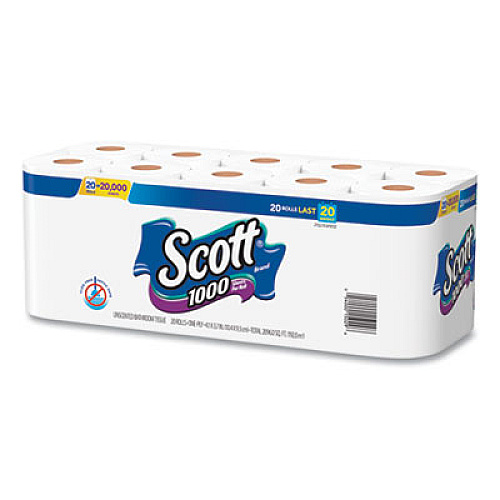 Scott 1000 Bathroom Tissue, Septic Safe, 1-Ply, White, 1,000 Sheets/Roll, 20 Rolls/Pack (20032)