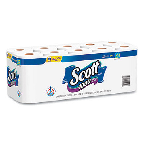 Scott 1000 Bathroom Tissue, Septic Safe, 1-Ply, White, 1,000 Sheets/Roll, 20 Rolls/Pack (20032)