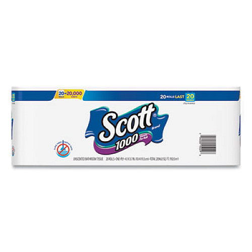 Scott 1000 Bathroom Tissue, Septic Safe, 1-Ply, White, 1,000 Sheets/Roll, 20 Rolls/Pack (20032)