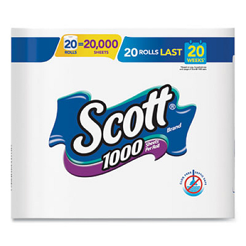 Scott 1000 Bathroom Tissue, Septic Safe, 1-Ply, White, 1,000 Sheets/Roll, 20 Rolls/Pack (20032)