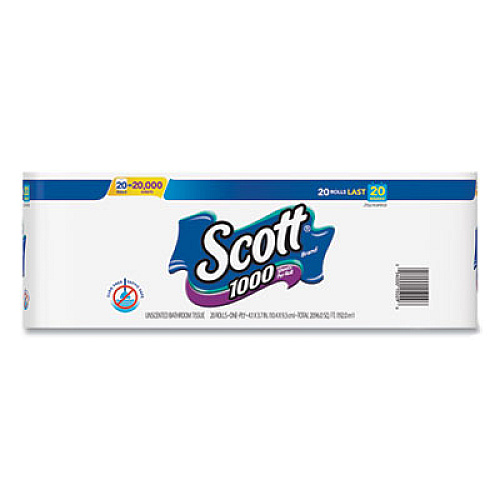 Scott 1000 Bathroom Tissue, Septic Safe, 1-Ply, White, 1,000 Sheets/Roll, 20 Rolls/Pack, 2 Packs/Carton (20032CT)