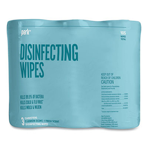 Perk Disinfecting Wipes, Fresh/Lemon, 7 x 8, 35 Wipes/Canister, 3 Canisters/Pack (24411132)