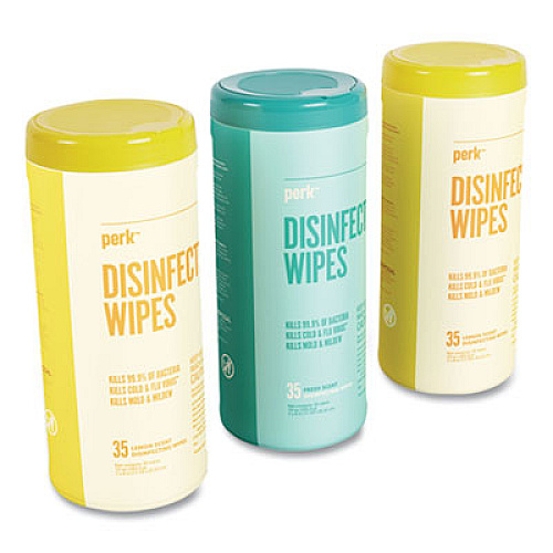 Perk Disinfecting Wipes, Fresh/Lemon, 7 x 8, 35 Wipes/Canister, 3 Canisters/Pack (24411132)