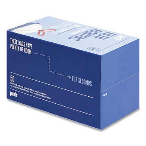 Perk Drawstring Tall Kitchen Trash Bags, 13 gal, 0.9 mil, 28" x 24", White, 50/Box (24377875)