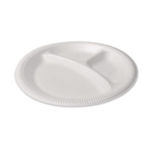 Plastifar Foam Dinnerware, 3-Compartment Plate, 9" dia, White, 125/Sleeve, 4 Sleeves/Pack (12201)