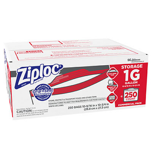 Ziploc Double Zipper Storage Bags, 1 gal, 1.75 mil, 10.56" x 10.75", Clear, 250/Box (682257)