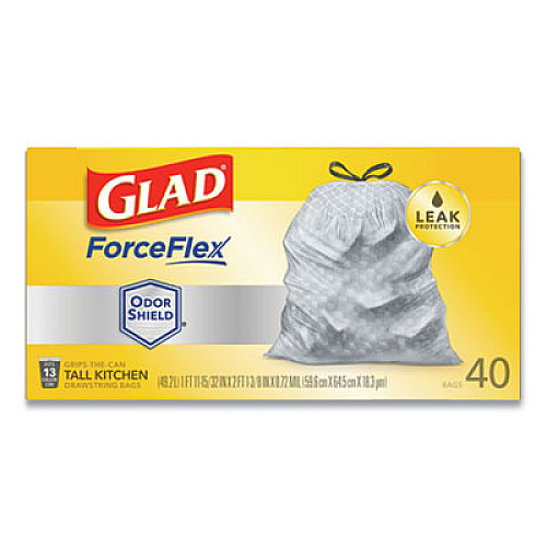 Glad TALL KITCHEN DRAWSTRING TRASH BAGS, 13 GAL, 0.72 MIL, 23.75" X 24.88", WHITE, 240/CARTON (79008CT)