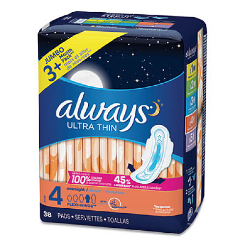 Always Ultra Thin Overnight Pads With Wings, 38/pack (95236PK)