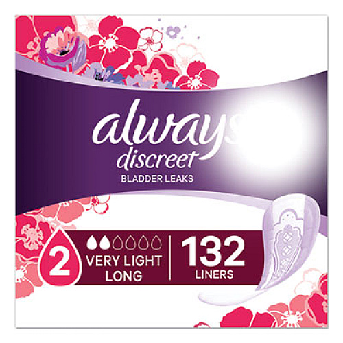Always Discreet Incontinence Liners, Very Light Absorbency, Long, 44/Pack, 3 Packs/Carton (92724)