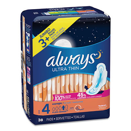 Always Ultra Thin Overnight Pads With Wings, 38/pack (95236PK)
