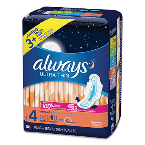 Always Ultra Thin Overnight Pads with Wings, 38/Pack, 6 Packs/Carton (95236)
